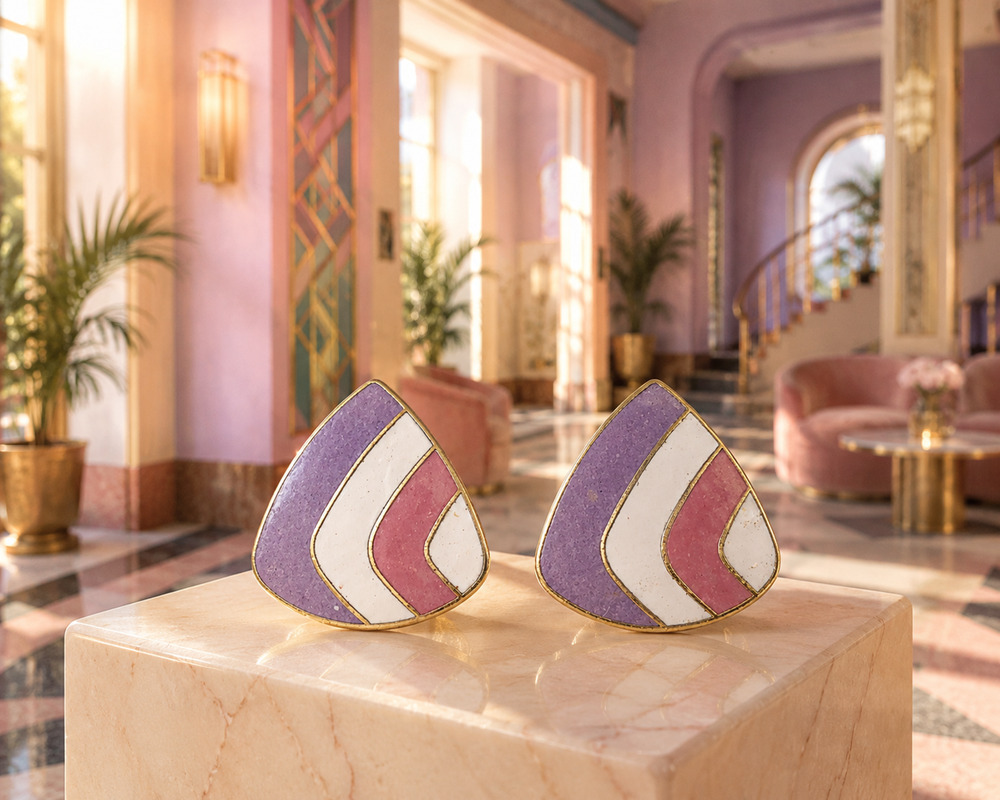 Vintage 80s Gold Tone Enamel Abstract Geometric Earrings Purple Pink White Studs